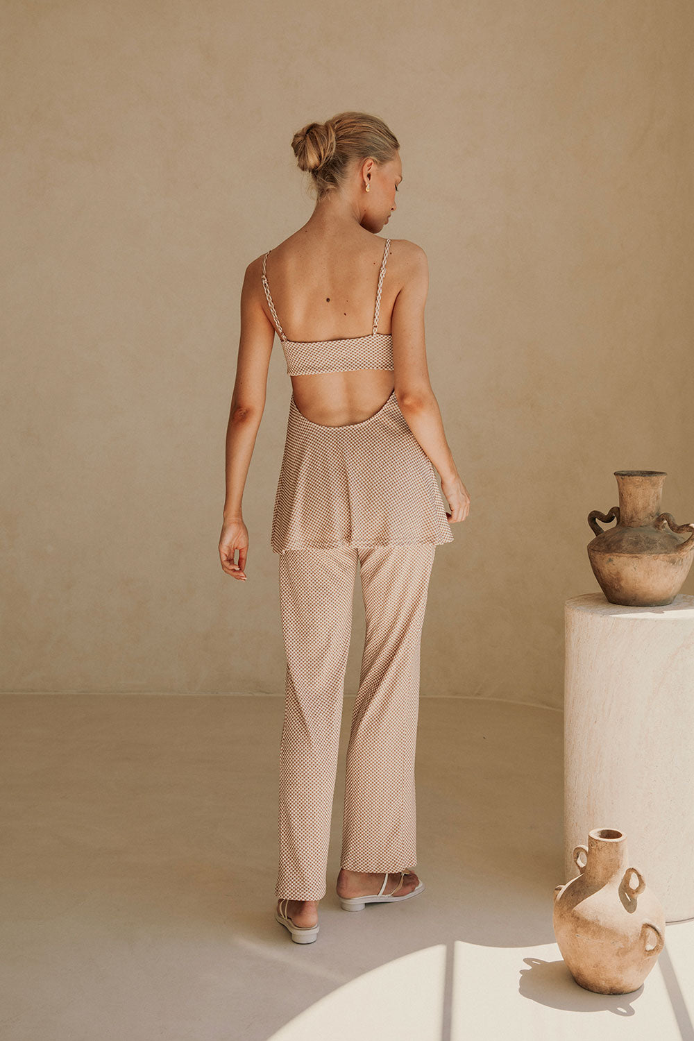 Alba Thin Strap Backless Jumpsuit - Brown, White