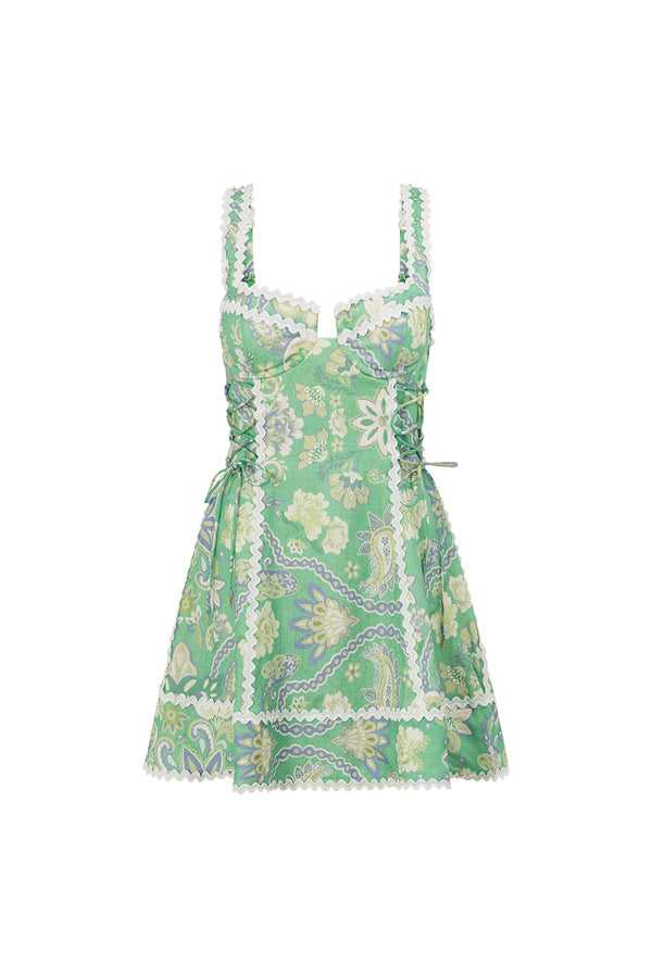 Green Floral Heritage Print Lace Up Mini Emilia Dress