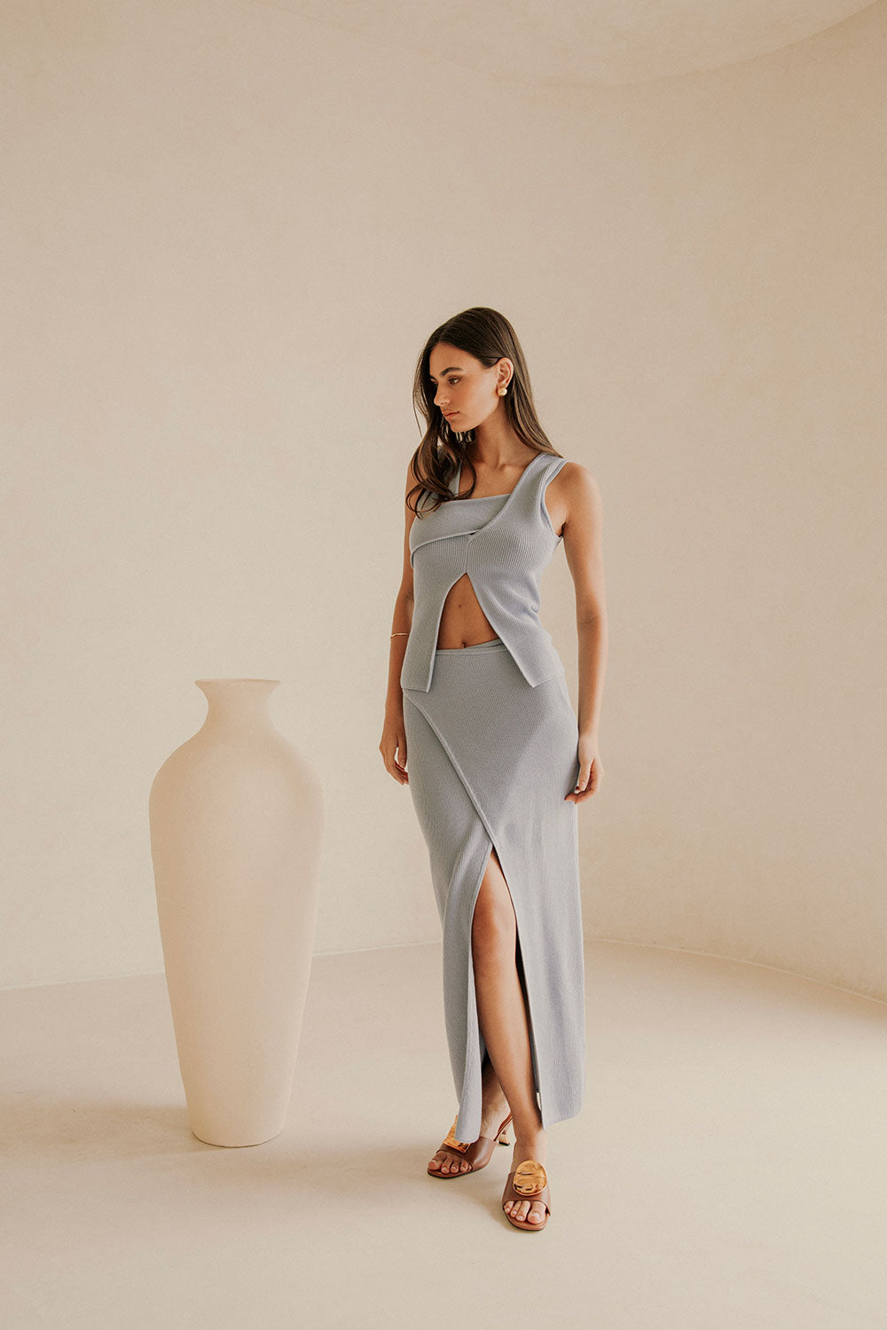 Blue Knit Asymmetric Split Bridget Top