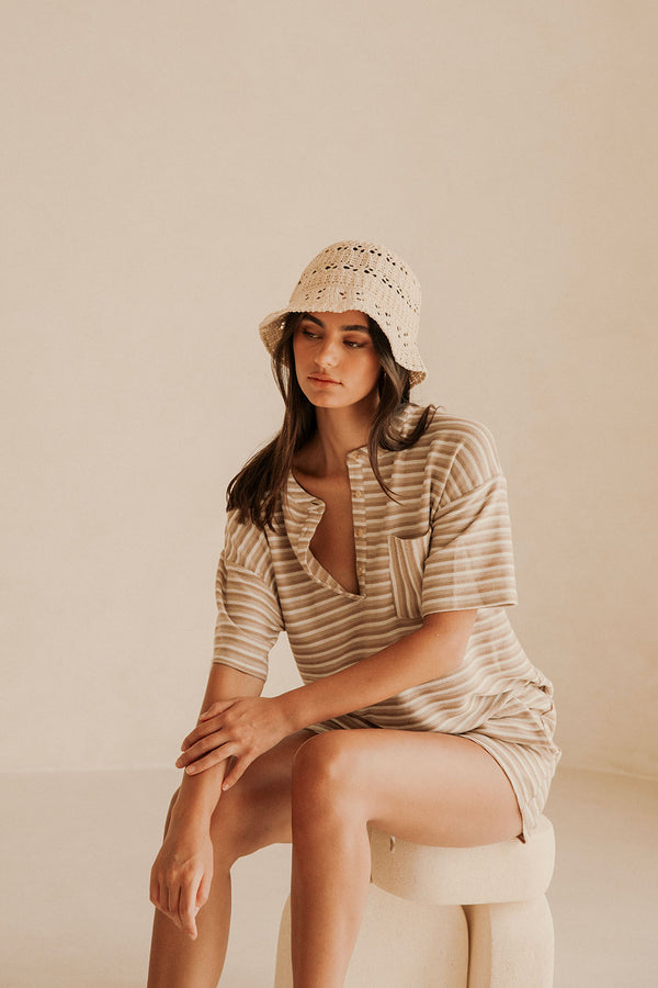 Tan Textured Short Sleeve Button Detail Rhi Top
