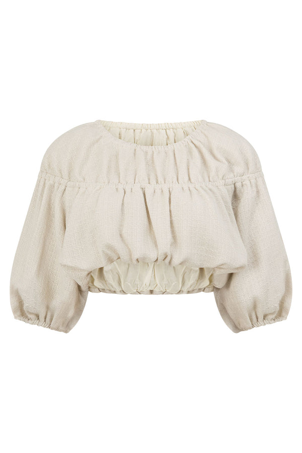 Beige Ruched Puff Sleeve Astra Crop Top