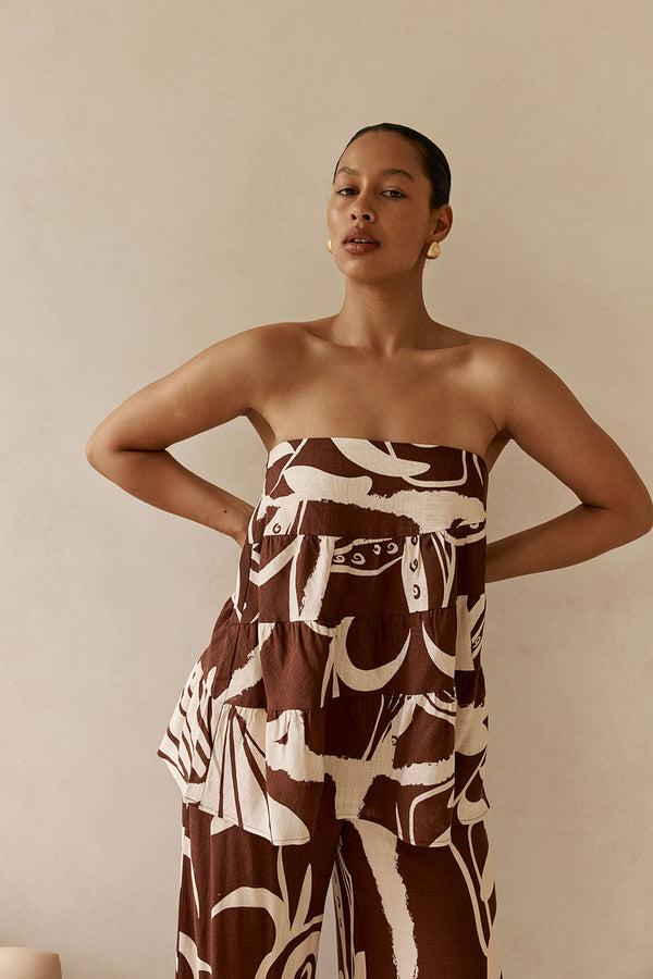 Brown and Cream Painted Tiles Strapless Presley Top