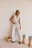 Cream and Black Pinstripe Drawstring Capri Pants