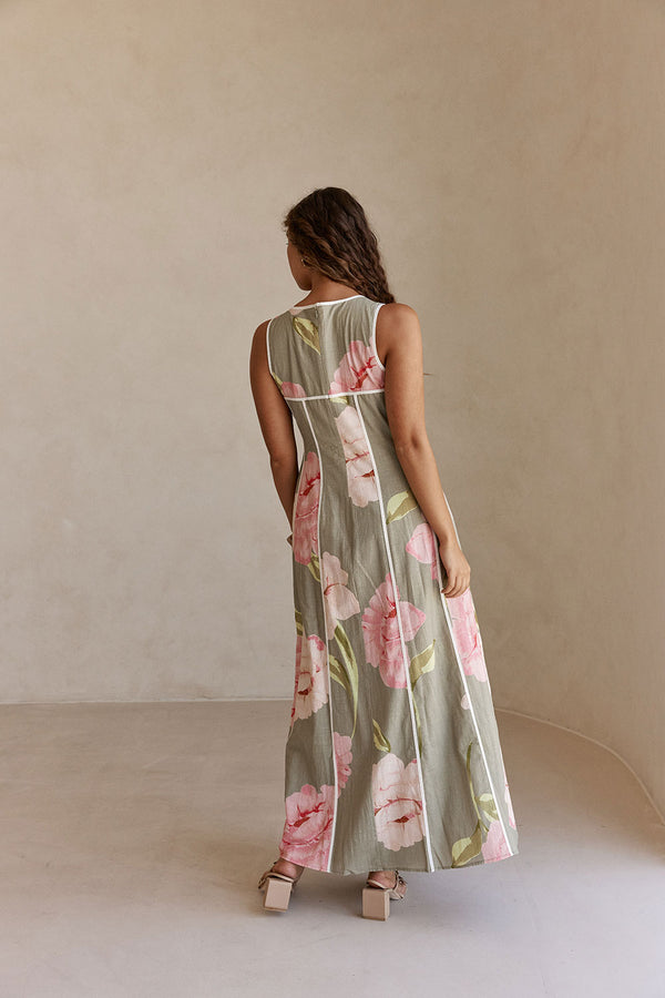 Fiori Green Floral Print V Neck Maxi Emory Dress