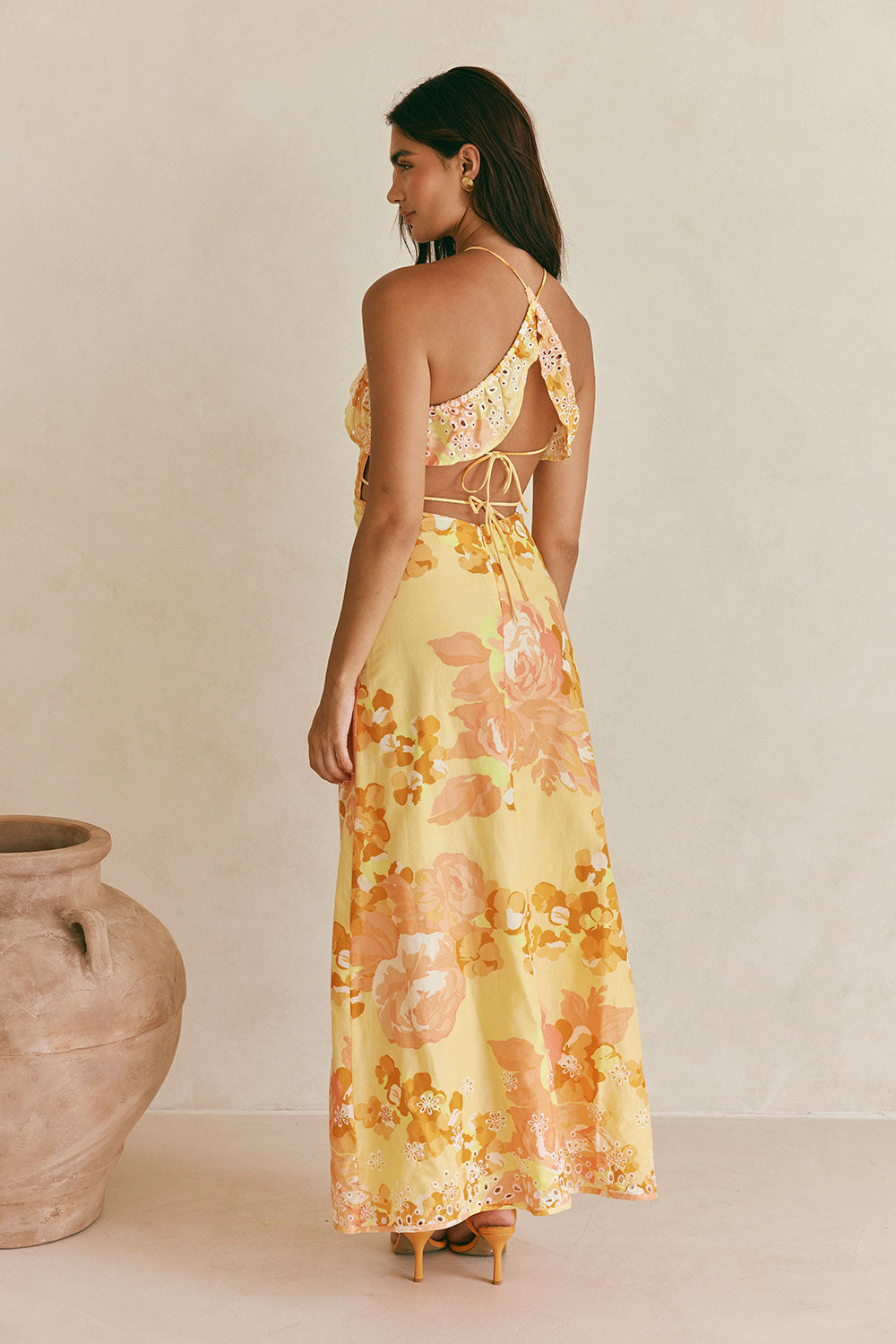 Alexa Backless Halterneck Maxi Dress - Orange, Yellow, White Breeze Floral Print, Tropical