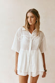 White Button Up Short Sleeve Founce Elodie Top