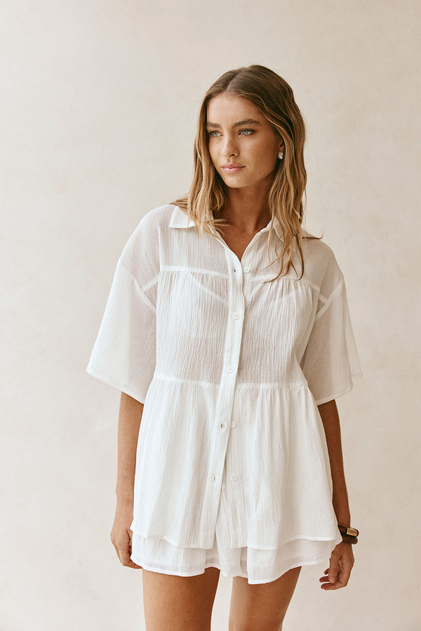 White Button Up Short Sleeve Founce Elodie Top