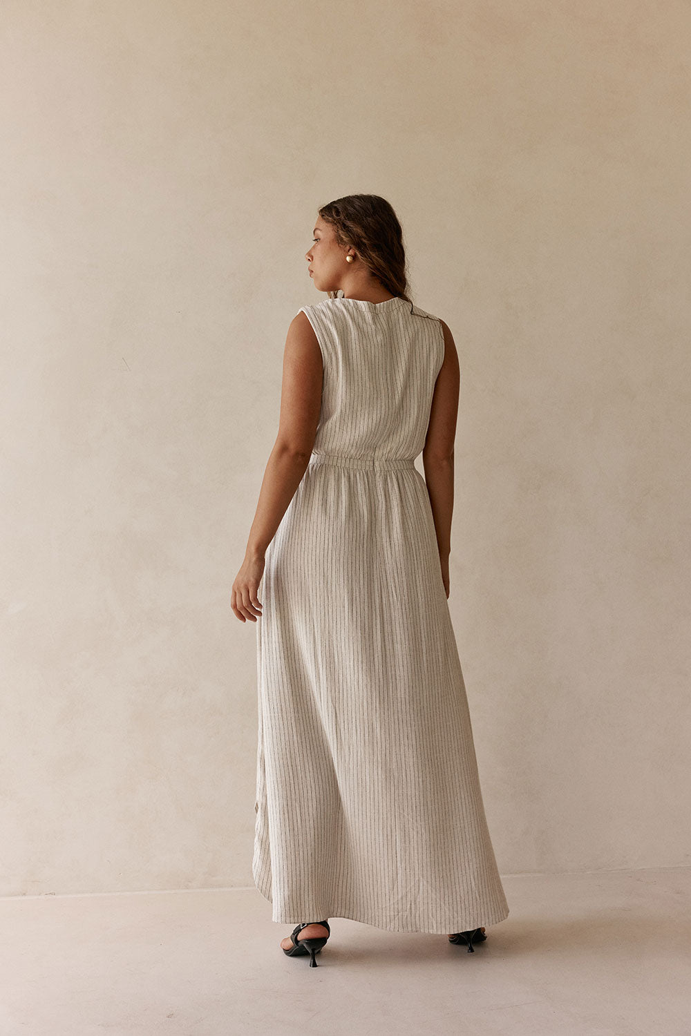 Beige and Black Pinstripe V Neck Maxi Cipriana Dress