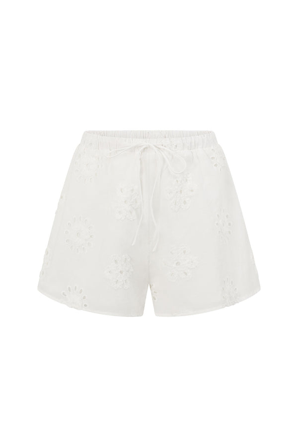 White Broderie Elastic Drawstring Aveline Shorts