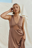 Brown  V Neck Cut Out Lace Maxi Dynasty Dress