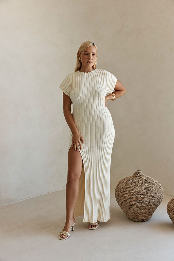 Cream High Neck Short Sleeve Split Maxi Gemini Dress