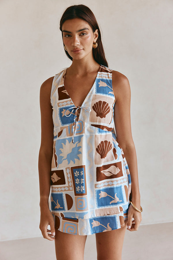 Blue Solis Sea Shell Print V Neck Mini Adi Dress