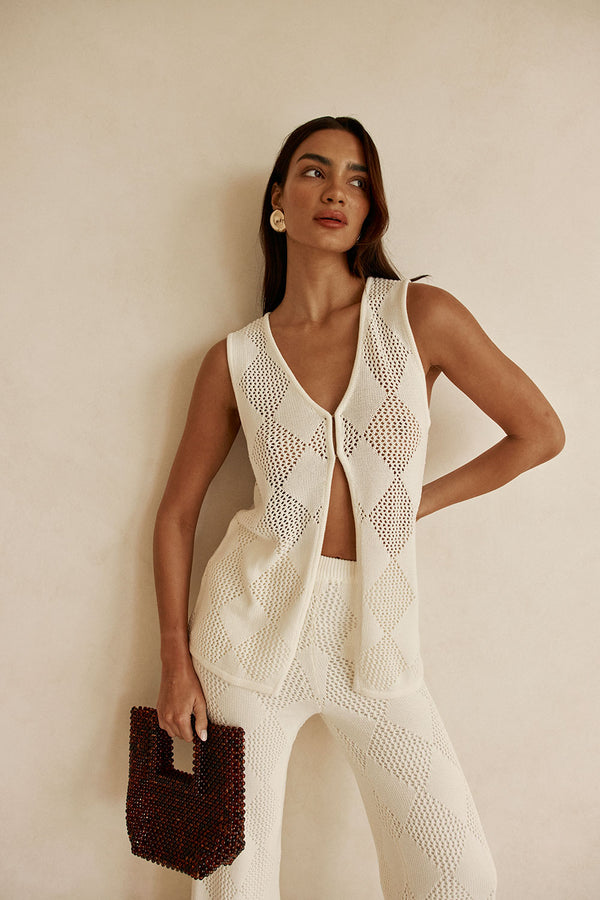 Cream Knit V Neck Blanca Top