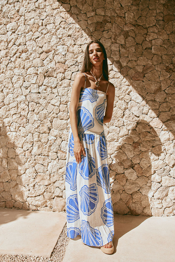 Bette Thin Strap Maxi Dress - Seashell Print, Blue, White