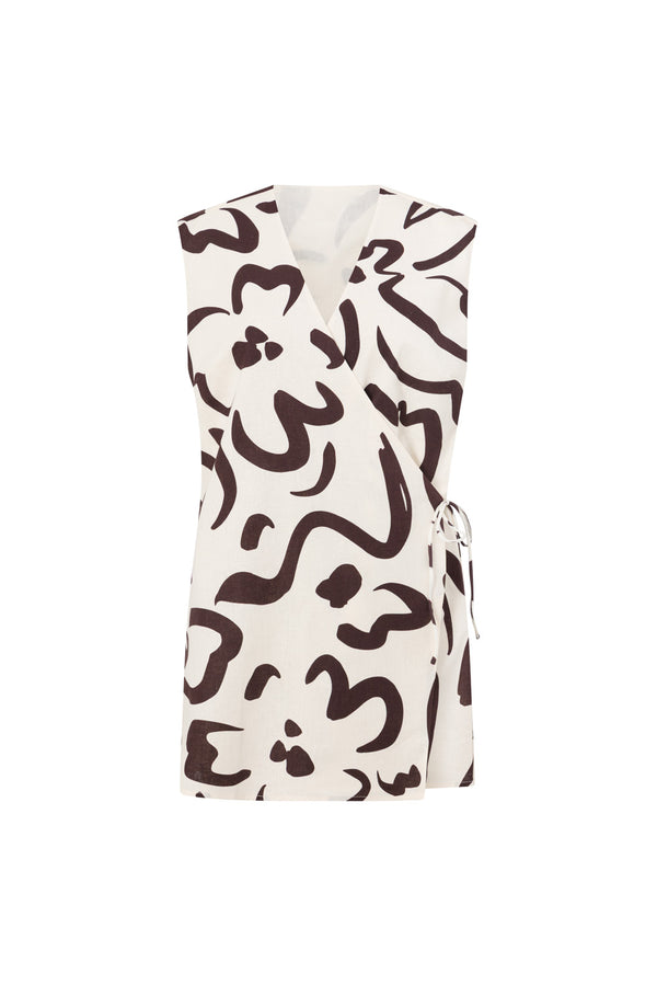 Cream Floral Fleur Lines Print V Neck Mini Amaya Dress