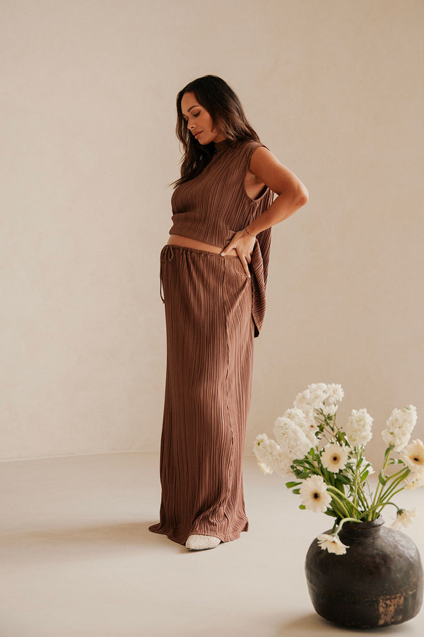 Brown Silky Pleat Drawstring Maxi Catalyna Skirt