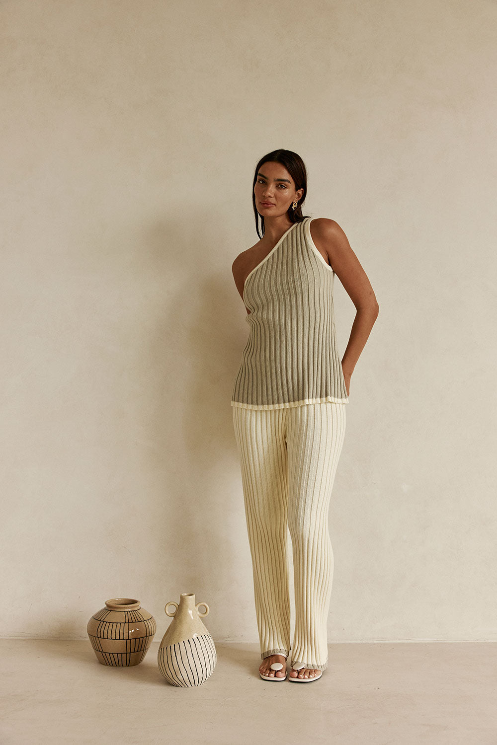 White Ribbed High Waist Aylani Pants