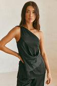 Adeline Silk One Shoulder Backless Top - Black