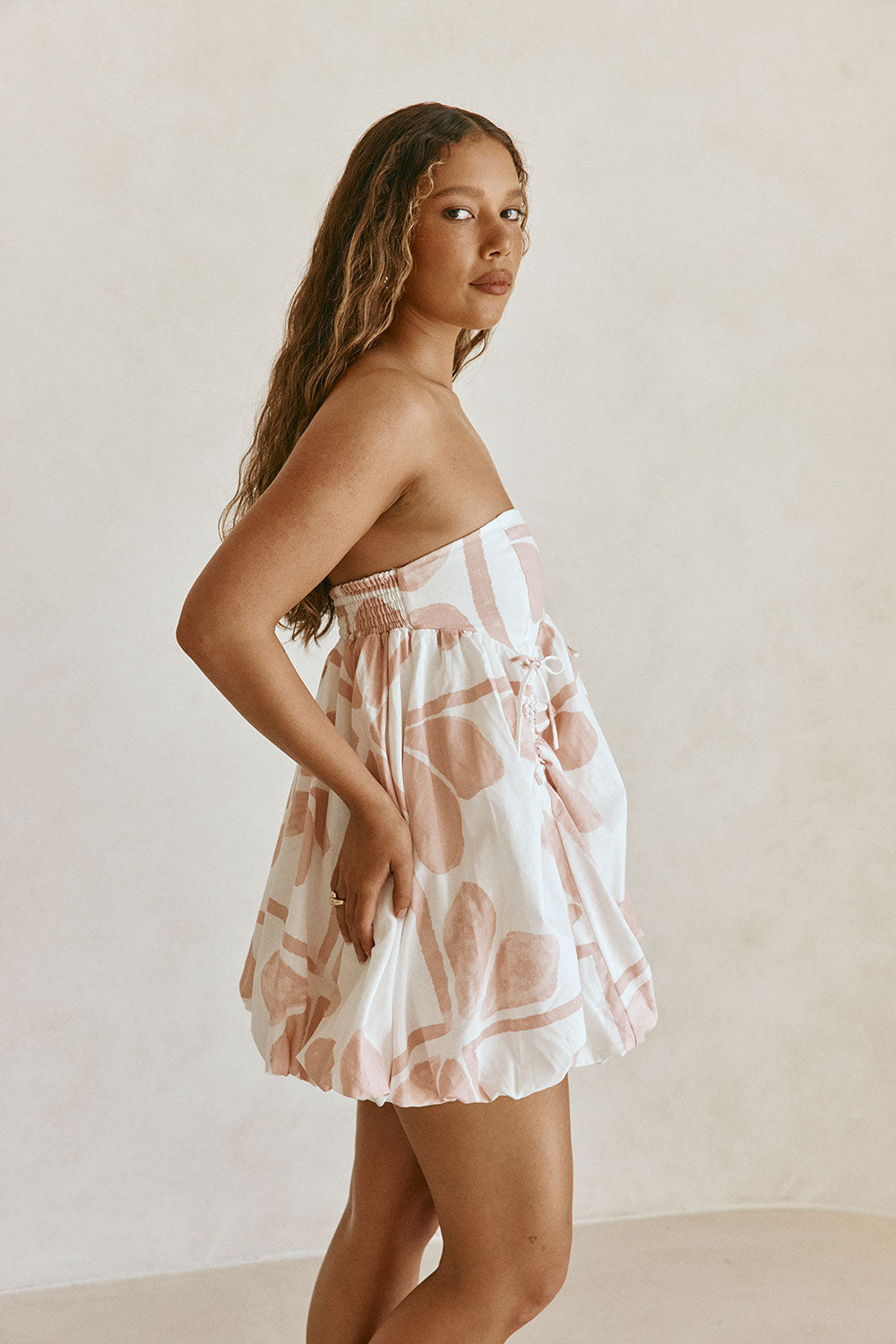 Pink Petal Patch Print Strapless Mini Kaiori Dress