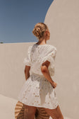Jayde Flounce Cutout Mini Short Sleeve Dress - Cutwork Print - White