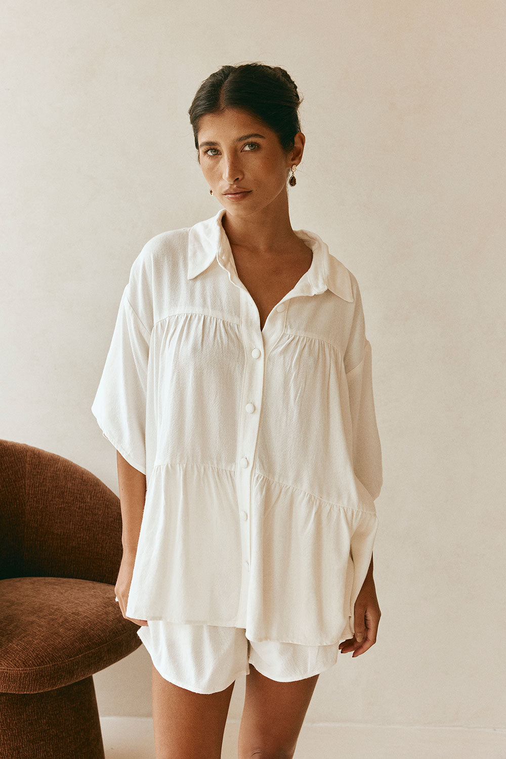 White Short Sleeve Button Up Collar Luna Top