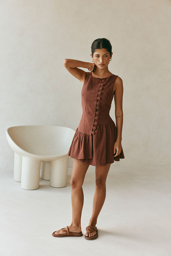 Alfresco Button Flounce Mini Dress - Chocolate