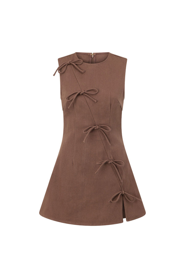 Chocolate Brown Denim A-Line Bow Mini Kapri Dress