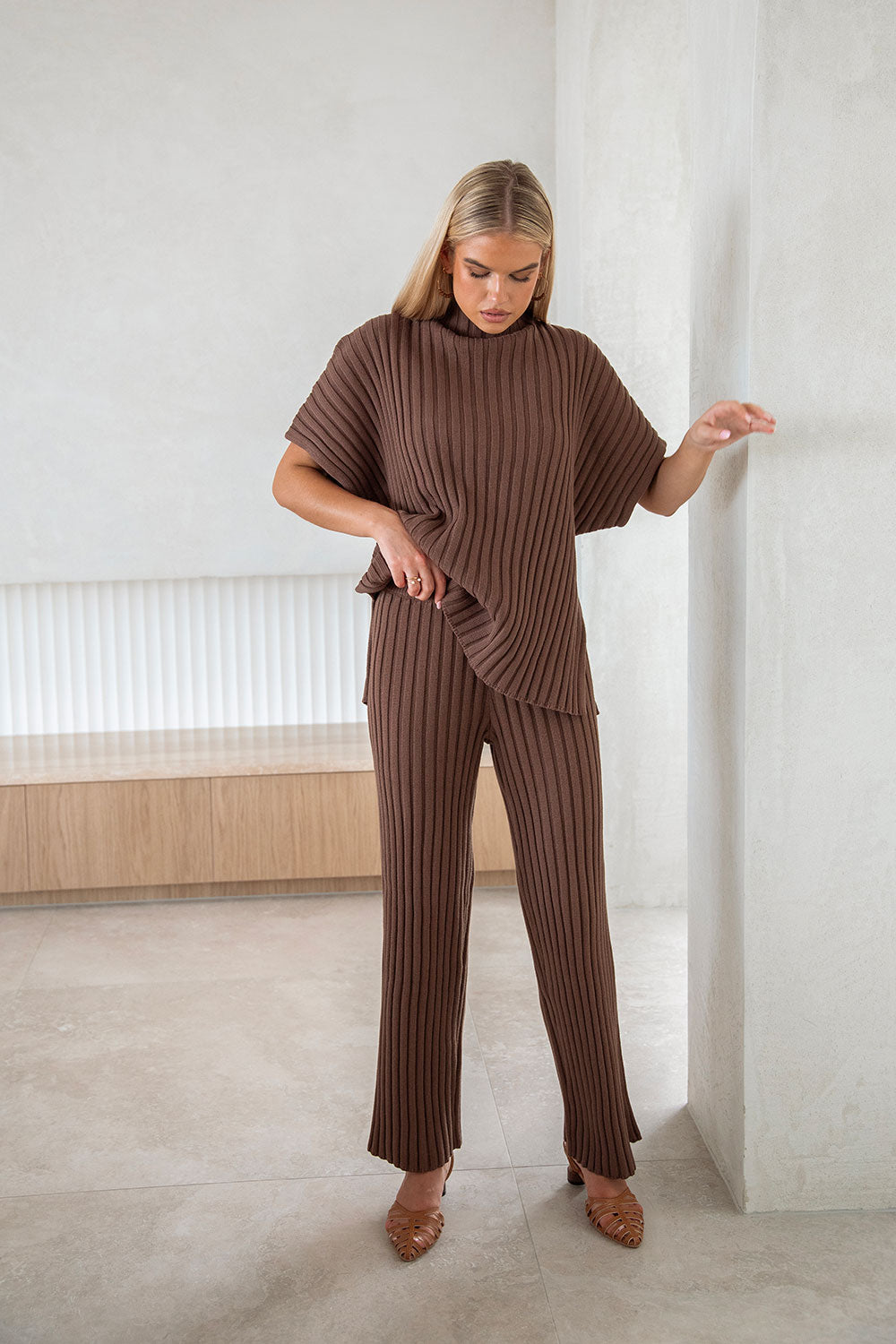 Chocolate Brown Ribbed Knit High Waist Celine Pants