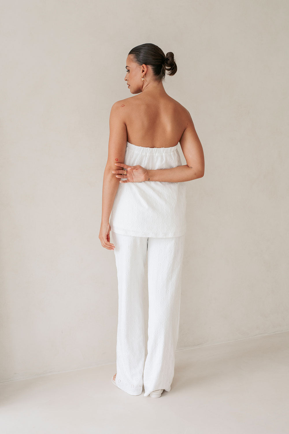 White Elastic Gathered Strapless Ellira Top
