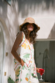 Izabelle V Neck Button Up Top - White, Yellow, Green & Blue Aesta Floral Print