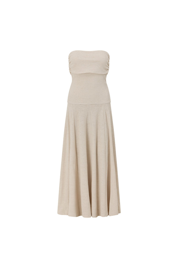 Beige Woven Strapless Pleated A Line Maxi Karalina Dress