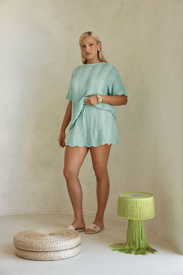 Mint Green Crochet Knit Short Sleeve Leah Top