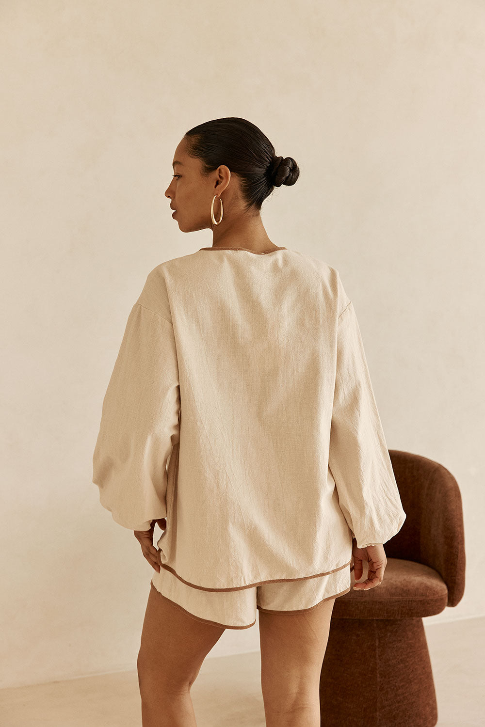 Beige Puff Sleeve Front Tie Paloma Top