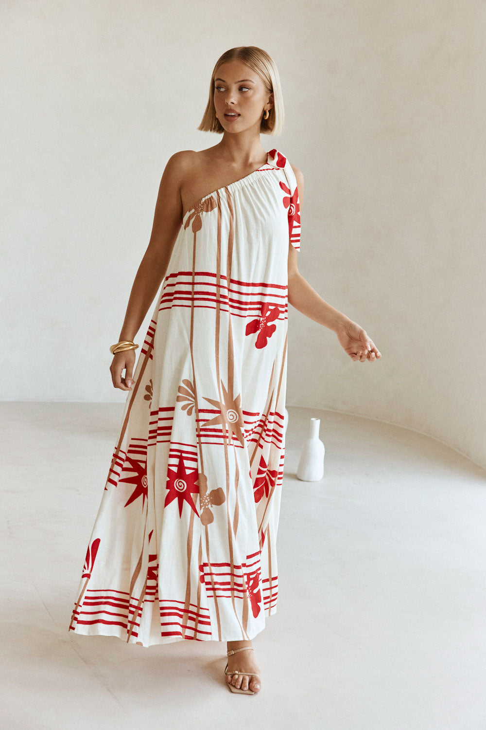 Cream Moana Red Print One Shoulder Maxi Avani Dress