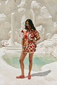 Red Floral Barocca Print Belt Bia Shorts