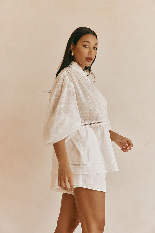 White Cheesecloth Button Up Puff Sleeve Rita Shirt