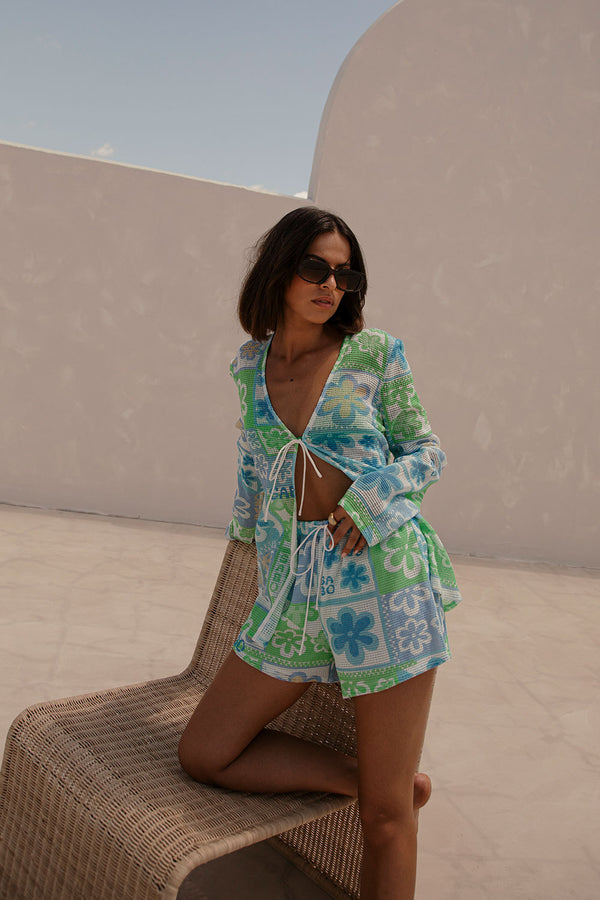 Sari Long Sleeve Tie Up Mesh Top - Verano Floral, Postcard, Blue, Green, White, Yellow