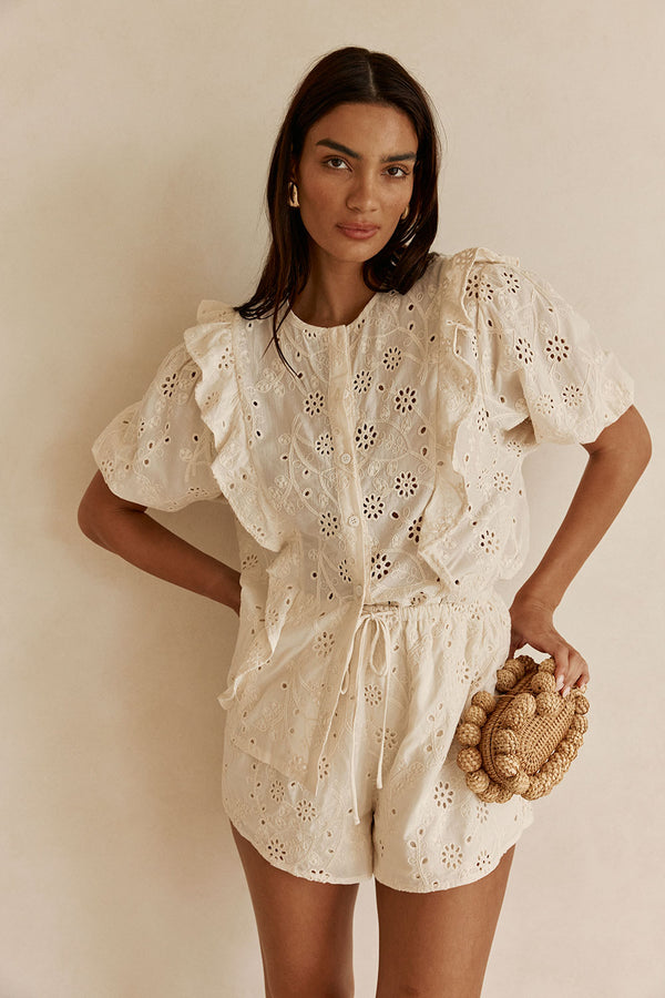 Beige Broderie Ruffle Button Up Wynter Top