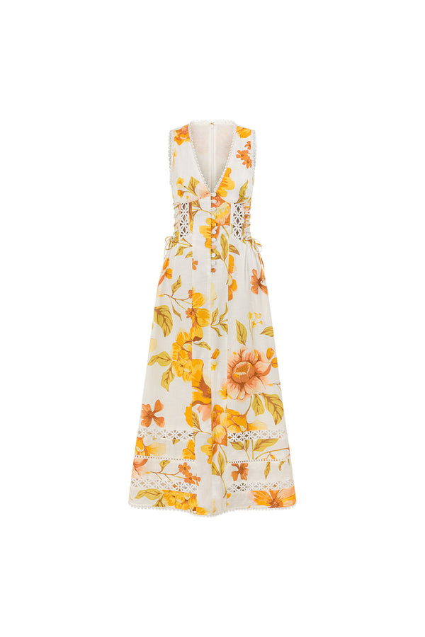 White Agalia Floral Print V Neck Maxi Clover Dress