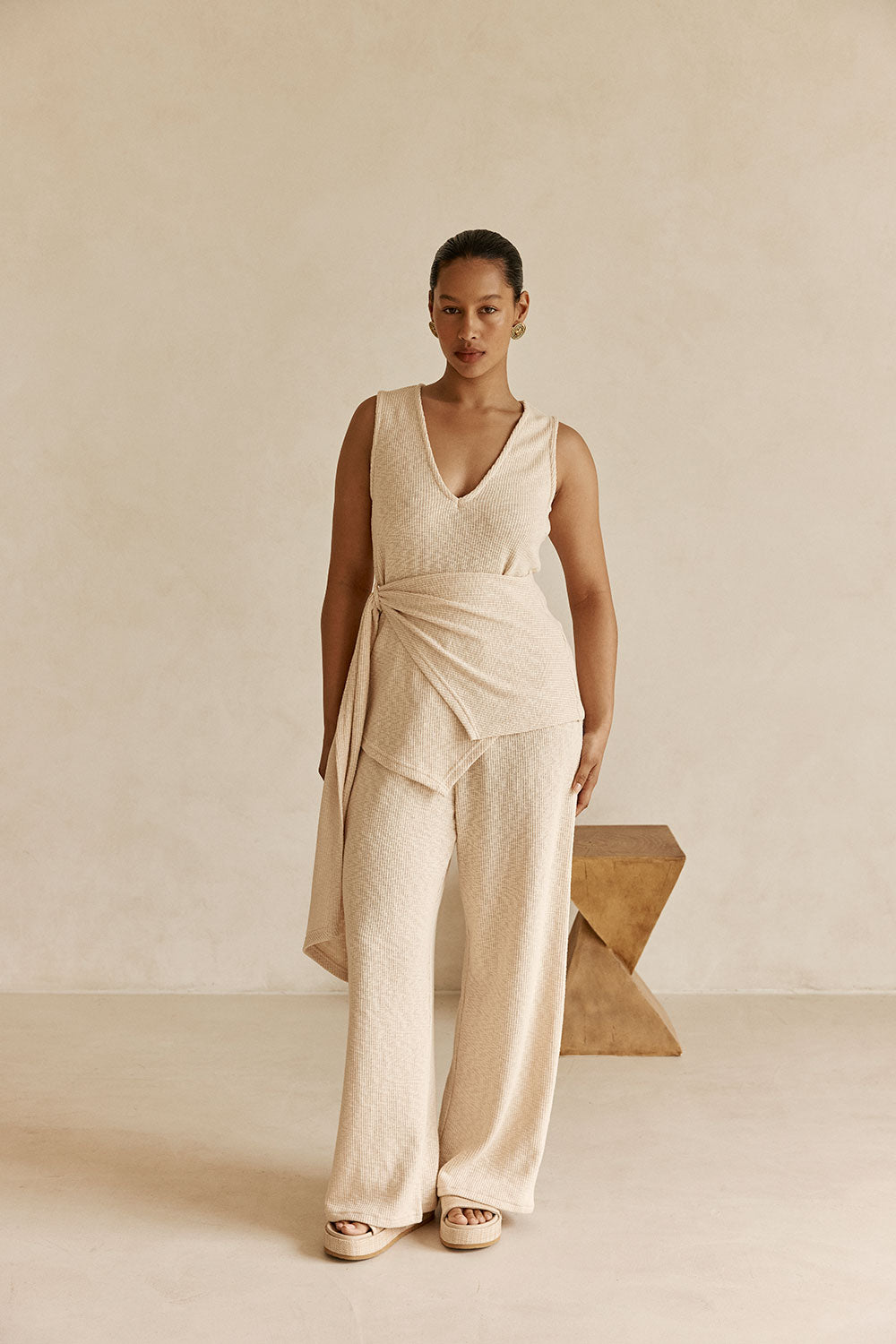 Beige Ribbed V-Neck Wrap Liora Top