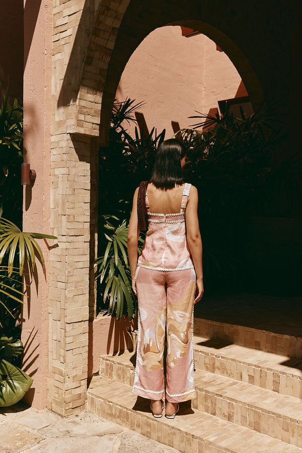 Pink Tramonto Print Lace Pocket Ragazza Pants