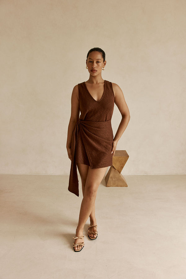 Brown Ribbed V-Neck Wrap Mini Oliana Dress
