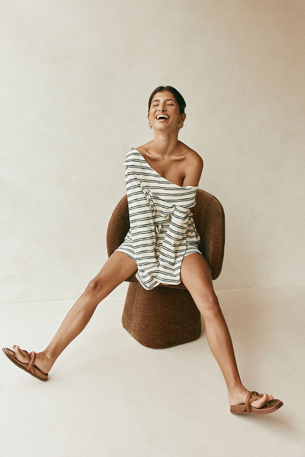 Cabana Off Shoulder Long Sleeve Mini Dress - Cream, Black Stripe