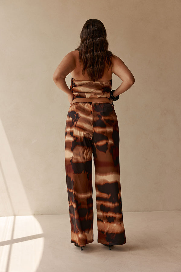 Brown Mirage Bloom Print Satin Elastic Drawstring Fabi Pants
