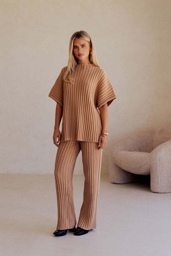 Apricot Ribbed Knit High Waist Celine Pants