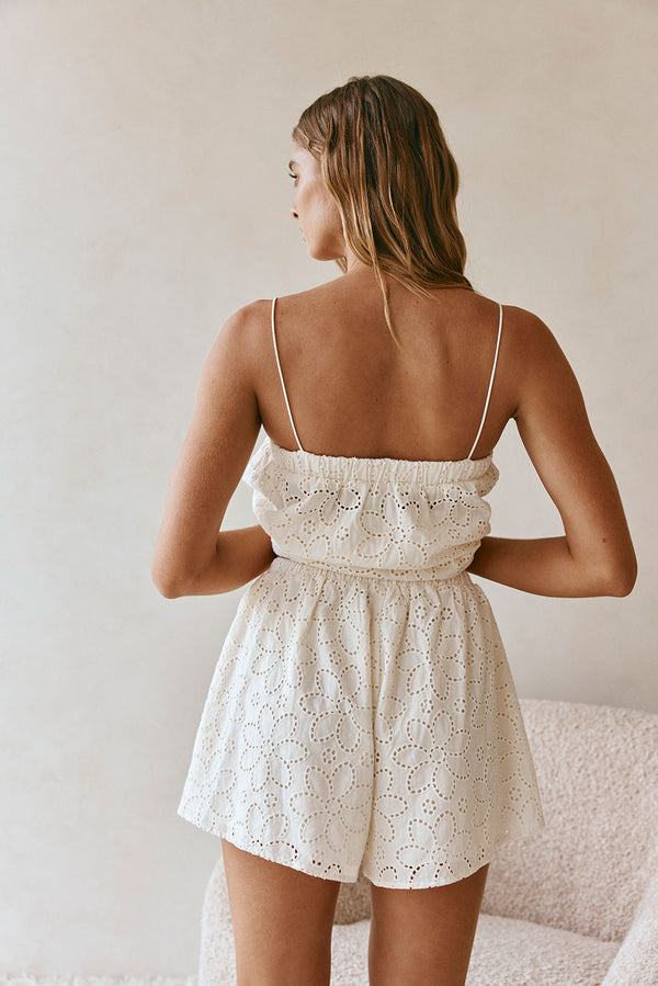 Beige Broderie Elastic Drawstring Hazel Shorts