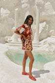 Red Floral Barocca Print Belt Bia Shorts
