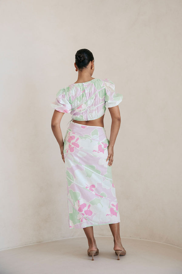 Elika Midi Split Skirt - Misty Floral Pink Purple Green