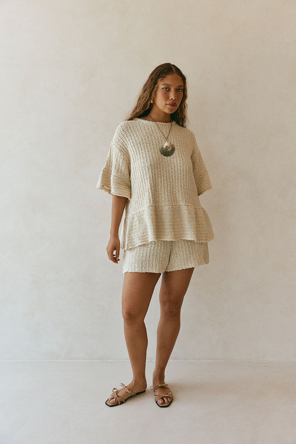 Beige Woven Knit Elastic Trisha Shorts