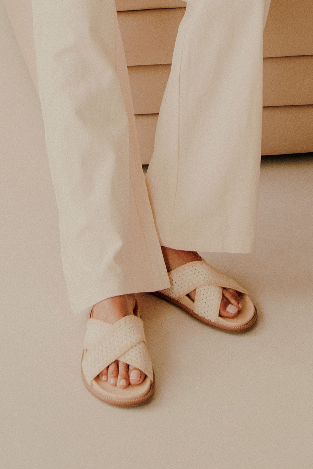 Cream Woven Vegan Leather Deka Sandals
